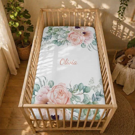 Pink And Beige Watercolor Floral Customized Baby Cot Crib Bedsheet