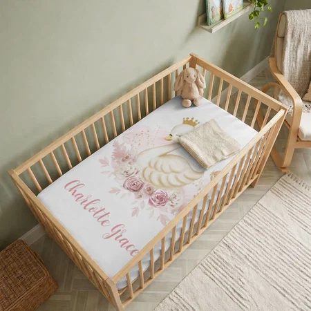 Girly Blush Floral Swan Princess With Butterflies Customized Baby Cot Crib Bedsheet