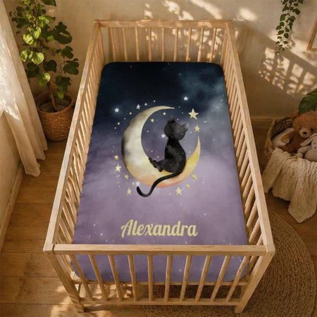 Cute Cartoon Cat on Moon Customized Baby Cot Crib Bedsheet