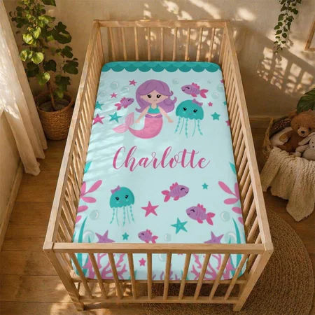 Cute Mermaid Customized Baby Cot Crib Bedsheet