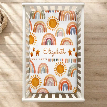 Watercolor Earthy Boho Rainbow With Name Customized Baby Cot Crib Bedsheet