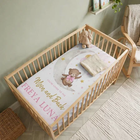 Teddy Bear On Moon Pink Gold Balloons Girl Nursery Customized Baby Cot Crib Bedsheet
