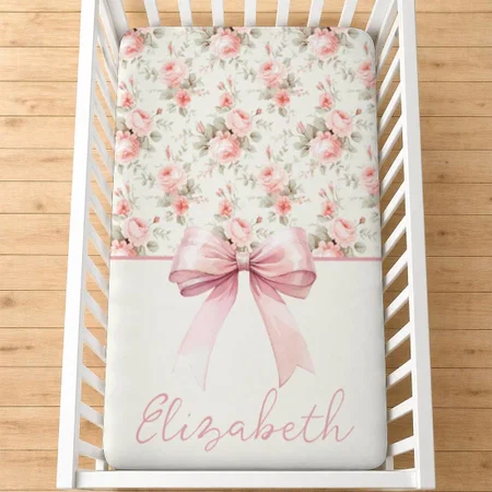 Pink Bow Girl Customized Baby Cot Crib Bedsheet