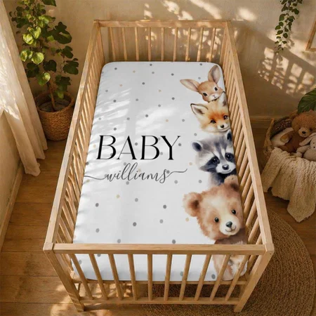 Woodland Animals Modern Baby Shower Customized Baby Cot Crib Bedsheet