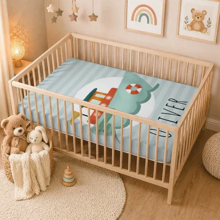 Boys Cute and Modern Blue Ocean Boat Customized Baby Cot Crib Bedsheet