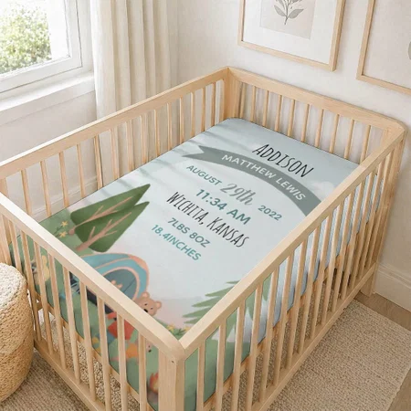 Boys Cute Forest Bear Camping Birth Stats & Name Customized Baby Cot Crib Bedsheet