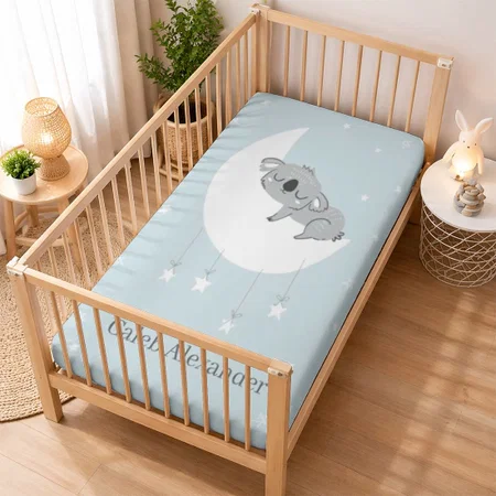 Blue Sleeping Koala Boy Baby Customized Baby Cot Crib Bedsheet
