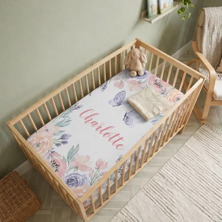 Pink Purple Floral Butterfly Customized Baby Cot Crib Bedsheet