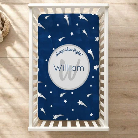 Shooting Stars Navy Blue Watercolor Monogram Customized Baby Cot Crib Bedsheet