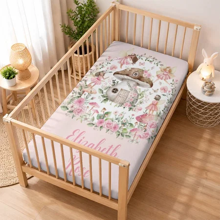 Enchanted Forest Fairies Pink Floral Girl Nursery Customized Baby Cot Crib Bedsheet
