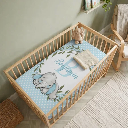 Greenery Wreath Blue Elephant Customized Baby Cot Crib Bedsheet