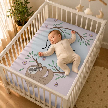 Girls Cute Sleeping Sloth Animal And Name Customized Baby Cot Crib Bedsheet