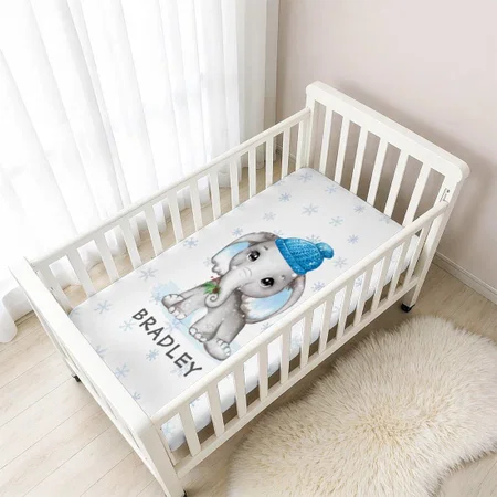 Cute Baby Boy Elephant Winter Snowflakes Name Customized Baby Cot Crib Bedsheet