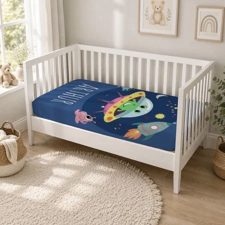 Boys Cute Modern Space Alien Cartoon & Name Customized Baby Cot Crib Bedsheet