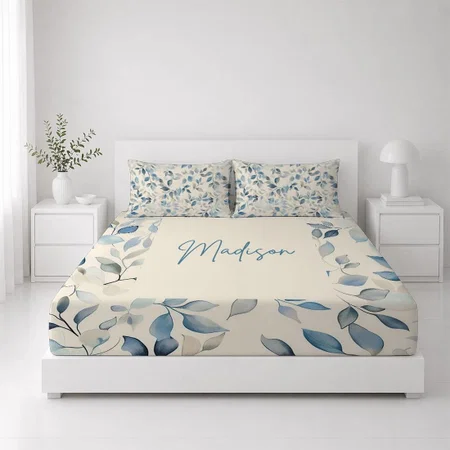 Watercolor Leaves Pattern Blue Beige Cream Customized Full Print Double Bed Bedsheet in Cotton Feel Fabric with Photo Print