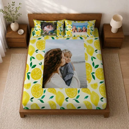 Watercolor Lemons Yellow And Green Customized Full Print Double Bed Bedsheet in Cotton Feel Fabric with Photo Print