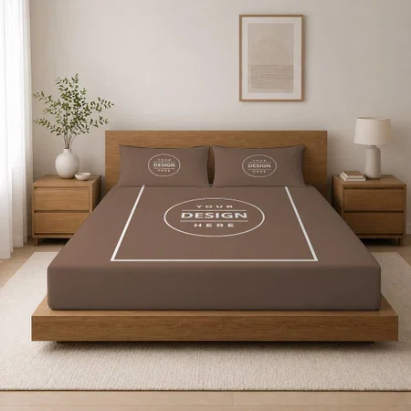 Coffee Brown Customized Full Print Double Bed Bedsheet in Cotton Feel Fabric with Photo Print