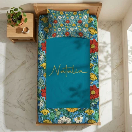 Blue Red Yellow Pastel Flowers Pattern Customized Full Print Single Bed Bedsheet in Cotton Feel Fabric with Photo Print