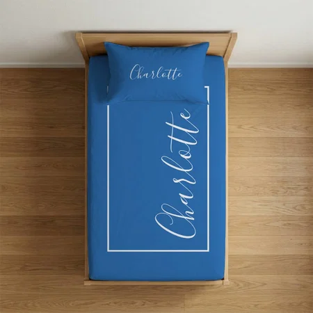 Elegant Blue Minimalist Script Name Customized Full Print Single Bed Bedsheet in Cotton Feel Fabric with Photo Print