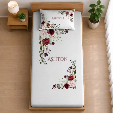 Elegant Pink Burgundy Watercolor Floral Name Customized Full Print Single Bed Bedsheet in Cotton Feel Fabric with Photo Print