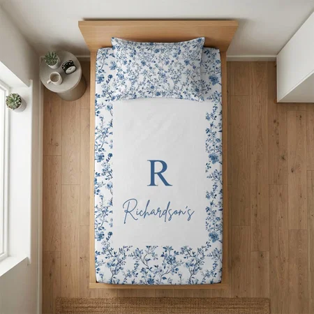 Elegant Toile Floral Pattern Blue And White Customized Full Print Single Bed Bedsheet in Cotton Feel Fabric with Photo Print
