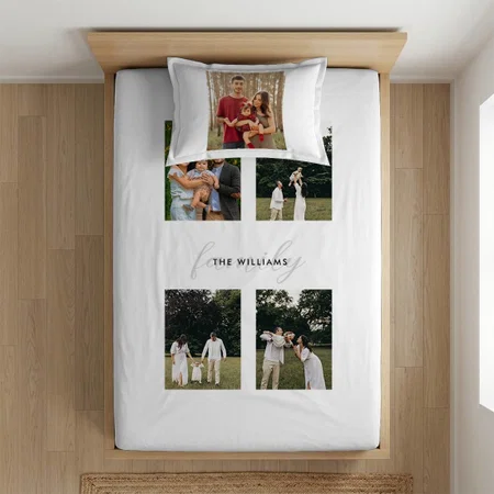 Modern Elegant Family 4 Photo Customized Full Print Single Bed Bedsheet in Cotton Feel Fabric with Photo Print