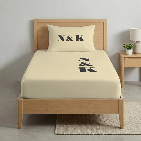 Bold Modern Monogram Initials Black Cream Customized Full Print Single Bed Bedsheet in Cotton Feel Fabric with Photo Print