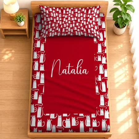 Cute Cat Red And White Pattern Customized Full Print Single Bed Bedsheet in Cotton Feel Fabric with Photo Print