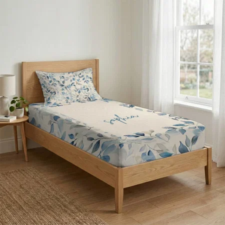 Watercolor Leaves Pattern Blue Beige Cream Customized Full Print Single Bed Bedsheet in Cotton Feel Fabric with Photo Print