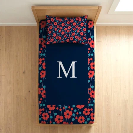 Navy Blue Red Poppy Floral Print Pattern Customized Full Print Single Bed Bedsheet in Cotton Feel Fabric with Photo Print