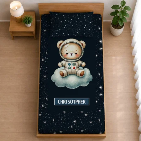 Baby Boy Teddy Bear Space Explorer Customized Full Print Single Bed Bedsheet in Cotton Feel Fabric with Photo Print