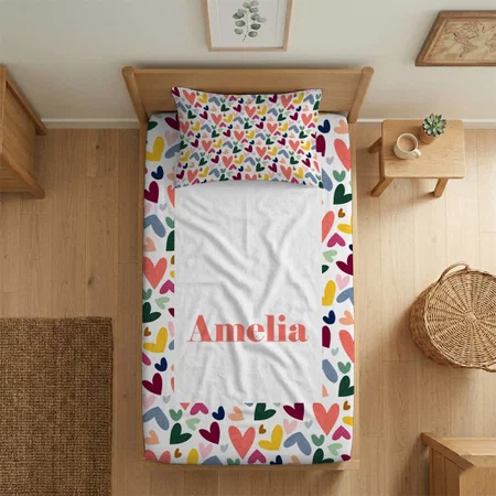 Mint Green Blush Pink Blue Hearts Art Pattern Customized Full Print Single Bed Bedsheet in Cotton Feel Fabric with Photo Print