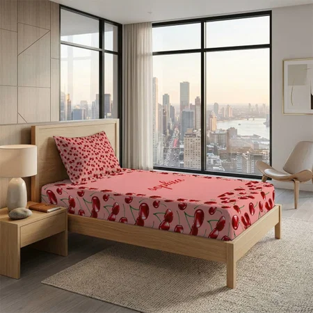 Sweet Cherry Pattern Customized Full Print Single Bed Bedsheet in Cotton Feel Fabric with Photo Print