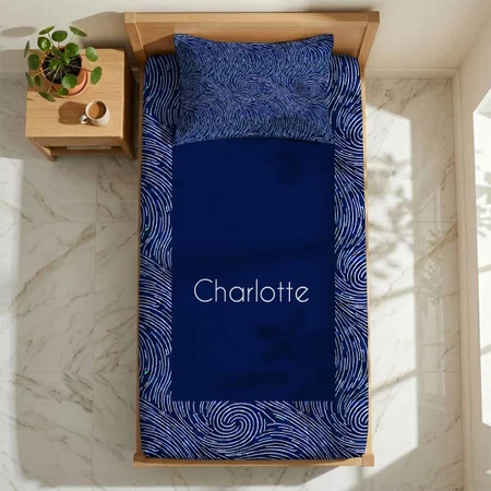 Modern Blue and White Wave Swirl Pattern Customized Full Print Single Bed Bedsheet in Cotton Feel Fabric with Photo Print