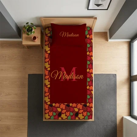Vibrant Autumn Leaves Multi-Colored Pattern Customized Full Print Single Bed Bedsheet in Cotton Feel Fabric with Photo Print