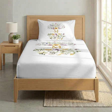 Elegant Monogram Colorful Wildflower Garden Floral Customized Full Print Single Bed Bedsheet in Cotton Feel Fabric with Photo Print
