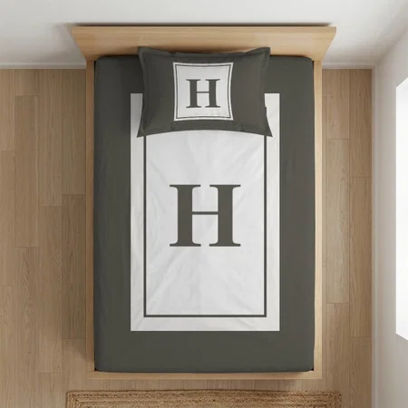 Simple Custom Monogram Initial Sage Green Customized Full Print Single Bed Bedsheet in Cotton Feel Fabric with Photo Print
