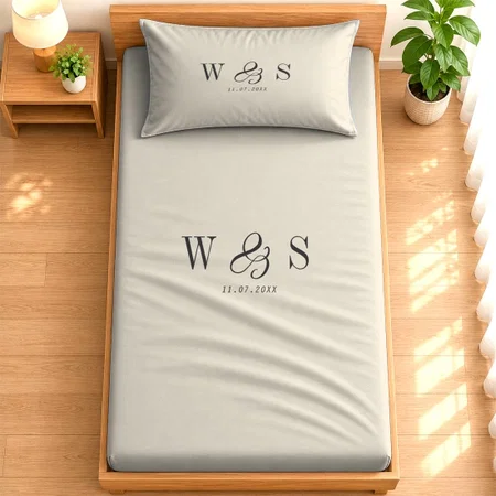 Elegant Natural Cream Initial Wedding Couples Customized Full Print Single Bed Bedsheet in Cotton Feel Fabric with Photo Print