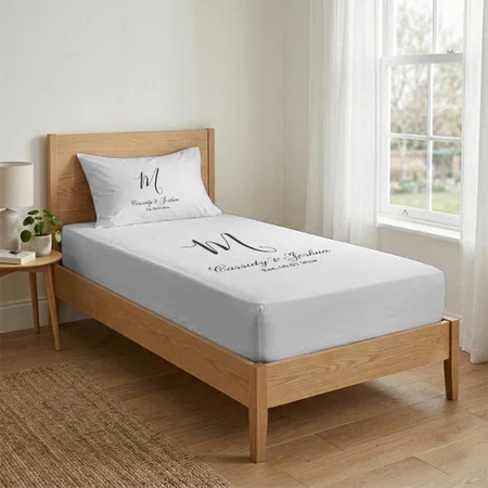 Elegant Modern Monogram Wedding Keepsake Customized Full Print Single Bed Bedsheet in Cotton Feel Fabric with Photo Print