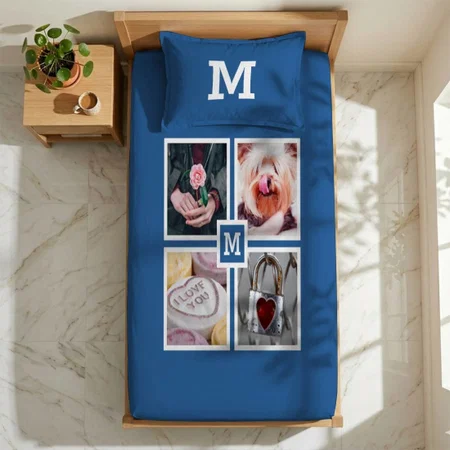 4 Photos & Monogram Customized Full Print Single Bed Bedsheet in Cotton Feel Fabric with Photo Print