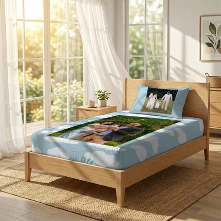 Pastel Clouds Aesthetic Baby Blue And White Customized Full Print Single Bed Bedsheet in Cotton Feel Fabric with Photo Print