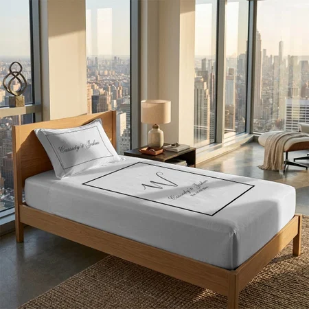 Elegant Modern Monogram Wedding Keepsake Customized Full Print Single Bed Bedsheet in Cotton Feel Fabric with Photo Print