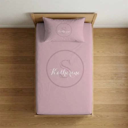 Name Monogram Dusty Rose Pink Customized Full Print Single Bed Bedsheet in Cotton Feel Fabric with Photo Print
