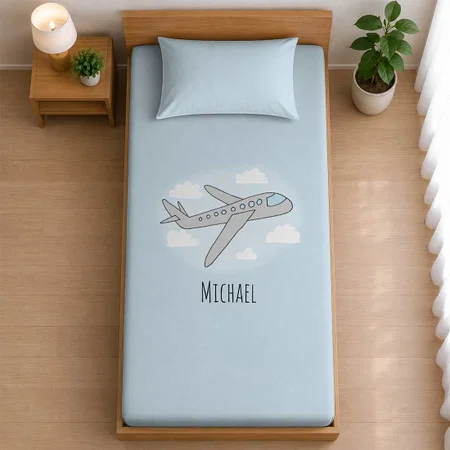 Baby Boy Airplane Travel with Name Customized Full Print Single Bed Bedsheet in Cotton Feel Fabric with Photo Print