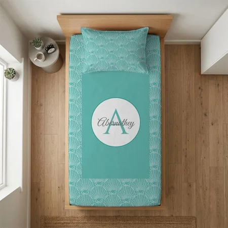 Monogram Name Sea Shell Pattern Beach Tropical Customized Full Print Single Bed Bedsheet in Cotton Feel Fabric with Photo Print