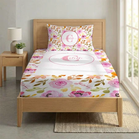 Summer Pink Watercolor Floral Monogram and Name Customized Full Print Single Bed Bedsheet in Cotton Feel Fabric with Photo Print