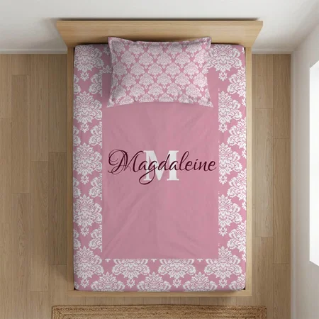 Dusty Rose Vintage Damask Elegant Monogram & Name Customized Full Print Single Bed Bedsheet in Cotton Feel Fabric with Photo Print
