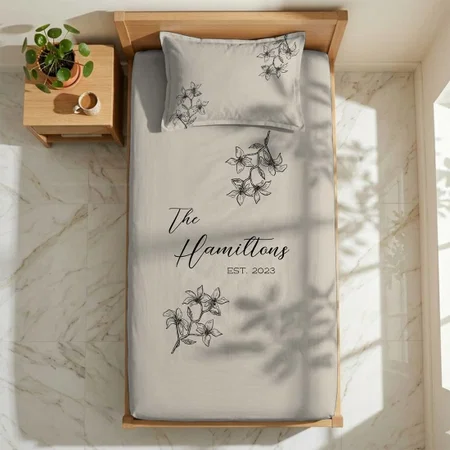 Farmhouse Floral Custom Monogram Beige Customized Full Print Single Bed Bedsheet in Cotton Feel Fabric with Photo Print