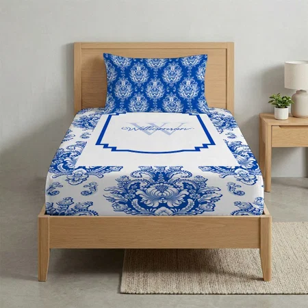 Blue French Damask Toile Pattern Name Monogram Customized Full Print Single Bed Bedsheet in Cotton Feel Fabric with Photo Print
