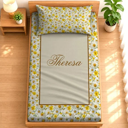 Yellow Watercolor Wildflower Pattern Monogram Name Customized Full Print Single Bed Bedsheet in Cotton Feel Fabric with Photo Print